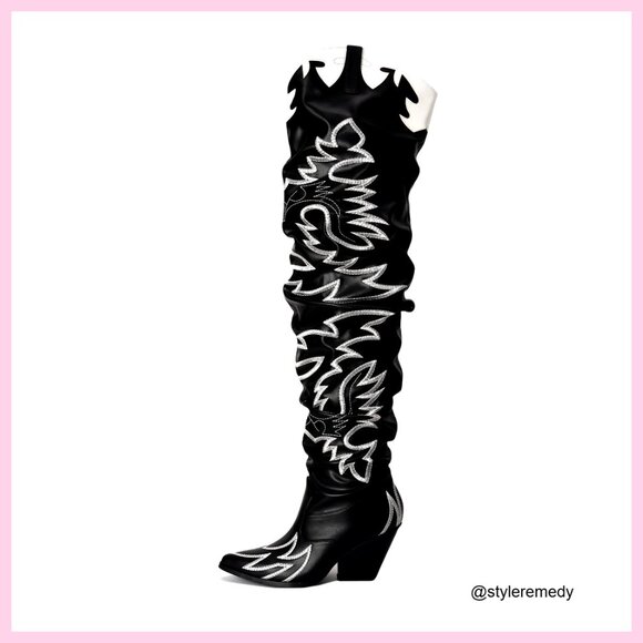 Western Thigh High Over The Knee Boots Chunky Block Heel Fashion Cowgirl Style